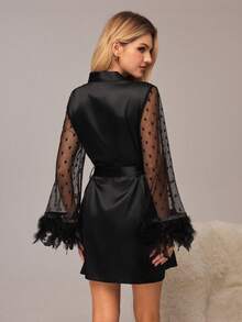 HautHeat 女士V领网纱拼接休闲家居服睡袍 - 黑色 - 查看 2