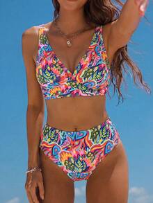 Swim Mod 2026 Spring/Summer Women's 2-Piece Bikini Swimsuit Set, Fashionable Fresh Sweet Minimalist Sexy Style, Slimming Colorful Random Leaf Print, Hot Spring Vacation Swimwear - Multicolor - View 4