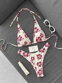 Swim Mod 女士夏季花卉印花吊带比基尼两件套泳衣套装 - 彩色 - 查看 3