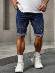 Manfinity Homme American Streetwear Distressed Denim Shorts With Rhinestones - Blue - View 5
