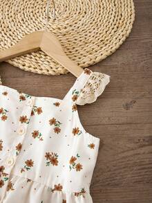 SHEIN Genkimix Kids Young Girl Floral Print Ruffle T-Shirt And Wide Leg Pants Casual 2-Piece Set - Brown - View 4