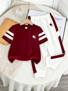 SHEIN 男童休闲宽松舒适运动风圆领短袖上衣+裤子两件套，秋季新品 - 彩色 - 查看 2