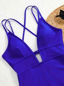 SHEIN Swim Basics 1pc Women's Black Sexy Slimming Waist Elastic Adjustable One-Piece Swimsuit For Summer Beach Vacation - Royal Blue - View 3