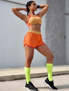 Powerista Conjunto deportivo de top corto y shorts de color contrastante para mujer - Amarillo - Ver 7