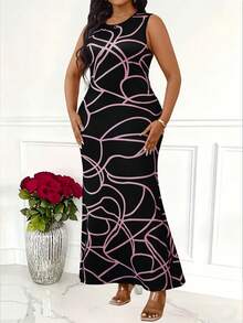 Plus Size Summer Casual All-Over Print Round Neck Fishtail Hem Sleeveless Dress - Black - View 5