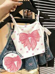 SHEIN Parte superior de camisola estilo minimalista casual coreano, con estampado elegante y delicado de lazo, adecuado para verano, cómodo y con estilo para niñas, primavera y verano - Blanco - Ver 3