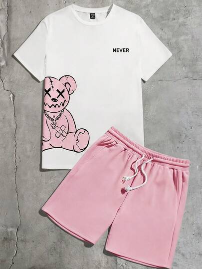 GENTILAND 男士针织印花休闲两件套夏季服装，舒适情侣装