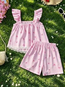 Tween Girls' Sweet Striped Bow & Floral Print Ruffle Lace Trim Camisole And Shorts Set, Summer - Multicolor - View 2