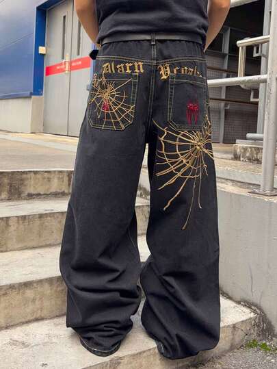 ROMWE MEN Men's Loose Fit Jeans With Spider Web Embroidery Pattern