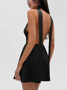 Aloruh Sexy Turmeric Deep Draped Neck Backless Tie Strap Mini Dress, Romantic Date Outfit,Summer Dresses For Women - Black - View 9