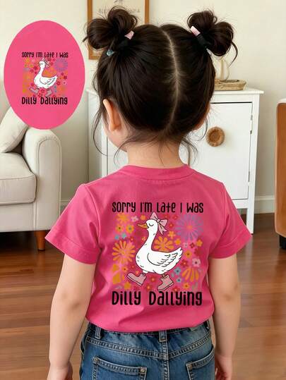 Spring And Summer Casual Fashionable Creative Cute Kawaii Cartoon Big White Goose Pink Bow Shoes Floral Pattern Letter Slogan Print Basic Fuchsia Short T-Shirt, Comfortable Daily Wear, Cozy Summer And Fall Styles Suitable For Spring, Summer And Autumn For Baby Girls