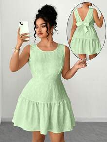Vestido casual de línea A con volantes y diseño de moño jacquard en la espalda, estilo de vacaciones con textura jacquard floral sin mangas, adecuado para uso diario, salir con amigos, compras de fin de semana, fiesta de verano, fiesta en el jardín, viajes de vacaciones, talla grande - verde menta - Ver 8