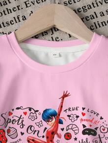 Miraculous Ladybug X SHEIN 爱心印花短袖T恤和短裤休闲套装，适合年轻女孩 - 白色 - 查看 3