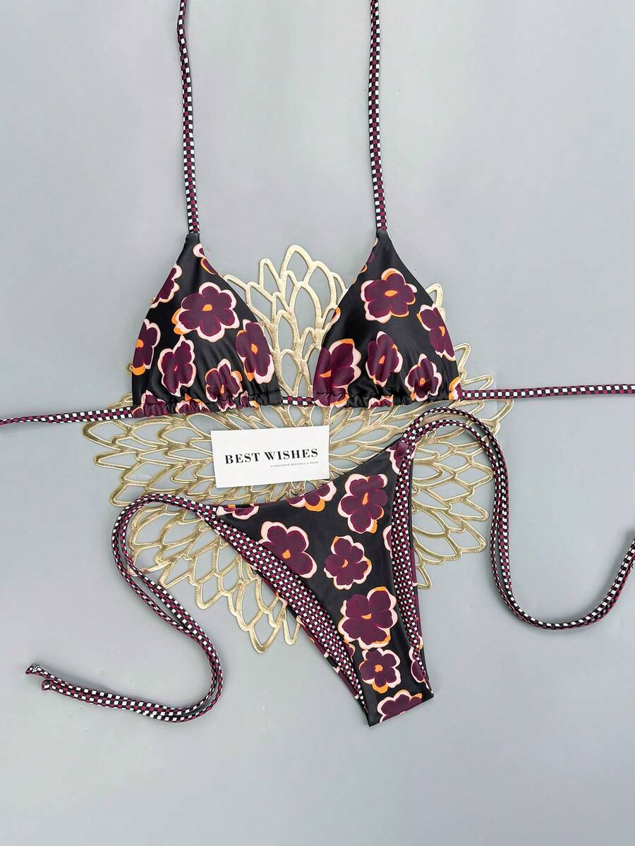 SHEIN Swim Mod Bộ bikini hai mảnh kiểu dáng tối giản mùa Xuân/Hè 2026, họa tiết hoa tím, có đệm mút, thích hợp cho phụ nữ ngực nhỏ. - Nhiều màu - Xem 1