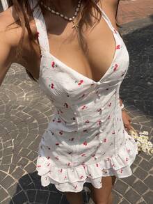 Sunnyshic 女士夏季休闲度假时尚百搭甜美可爱日常刺绣樱桃印花多层荷叶边吊带系腰短裙 - 彩色 - 查看 8