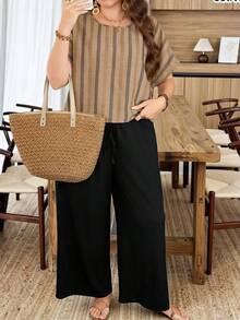 Lacomfia Women's Striped Top And Wide Leg Textured Pants Set, Casual And Versatile, Plus Size - Multicolor - View 1