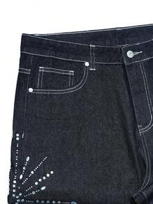 Manfinity EMRG Quần jeans ống rộng phong cách Gothic nam, kiểu dáng rách rưới, đính đá lấp lánh. - Rửa tối - Xem 5