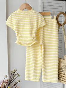 SHEIN Kids Young Girl Casual Vacation Elegant Striped Knit Starfish Decor Form-Fitting Shirred Short Sleeve Top And Matching Pants Set Striped Outfit Set Outfits Sets Yellow And White Outfit Set Striped Two Pieces Set Striped Pants Striped Top Young Girl Sets Young Girl Summer Outfits Young Pant Set Spring And Summer Striped Short Sleeve Suit - Yellow - View 3