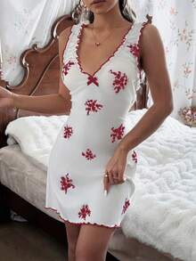 CottageSlumber 女士碎花V领荷叶边蝴蝶结装饰睡裙 - 酒紅色 - 查看 6