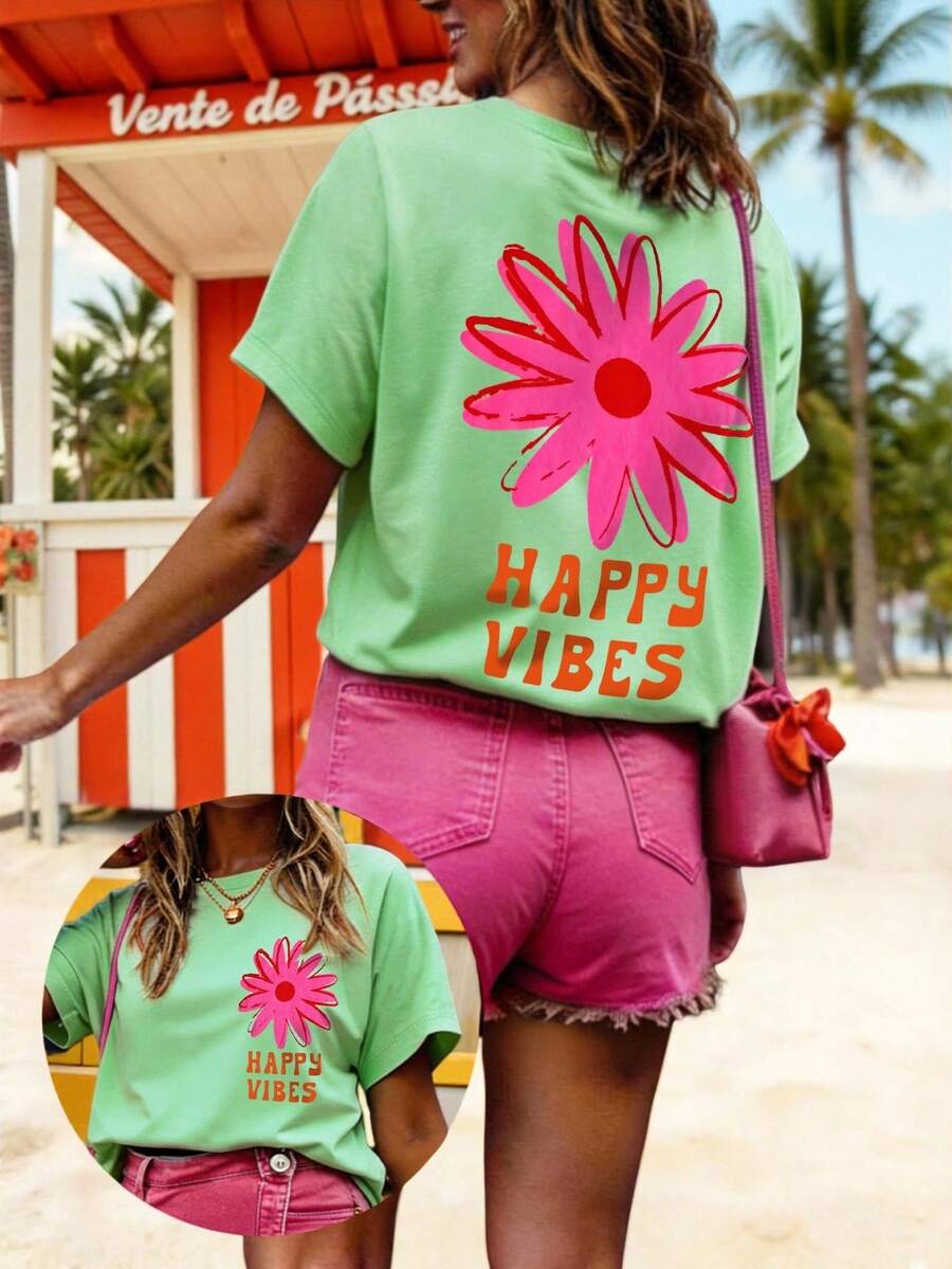 DrmWander Women's T-Shirt, Casual Street Style Graphic Short Sleeve T-Shirt, Cute Summer Top - Mint Green - View 1