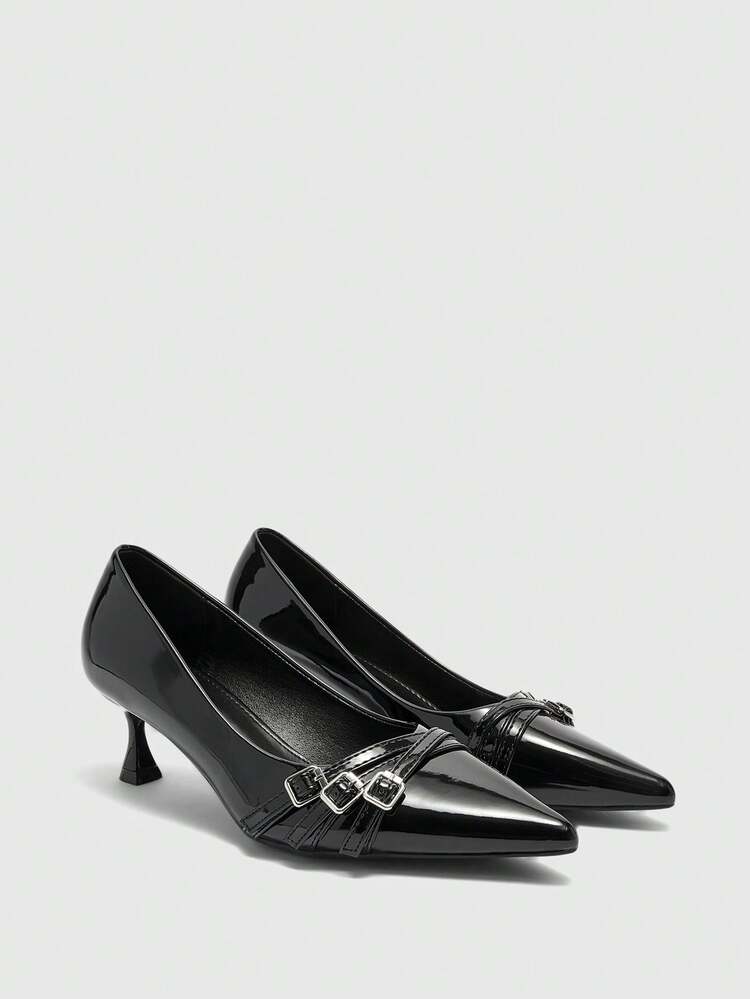CUCCOO BIZCHIC Women Shoes Women's Pointed Kitten With Black Multi-Strip Cross Low Vamp Daily Commute Versatile To Work Slip-On Women's High Heels Shoes Women's Shoes