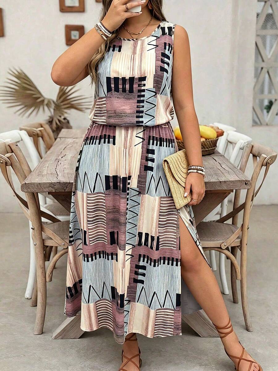 EMERY ROSE Plus Size Women Patchwork Casual Loose Side Slit Dress - Multicolor - View 1