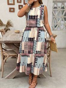 EMERY ROSE Plus Size Women Patchwork Casual Loose Side Slit Dress - Multicolor - View 4