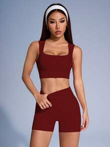 SHEIN Sports 女士纯色罗纹运动文胸和短裤套装 女士健身套装 - 酒紅色 - 查看 5