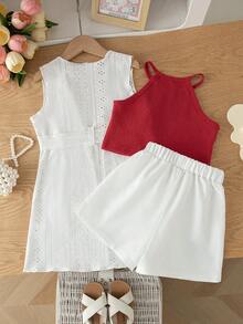 SHEIN Elladie kids 女童夏季三件套：无袖露脐上衣、直筒短裤和带腰带装饰的薄针织外套，休闲舒适的少女服装套装 - 彩色 - 查看 2