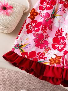 Filles (Petit) Combinaison courte à imprimé floral tout-sur-tout avec garniture en dentelle, vêtements pour enfants élégants et confortables, combinaison sans manches à la mode pour l'été - Multicolore - Voir 5