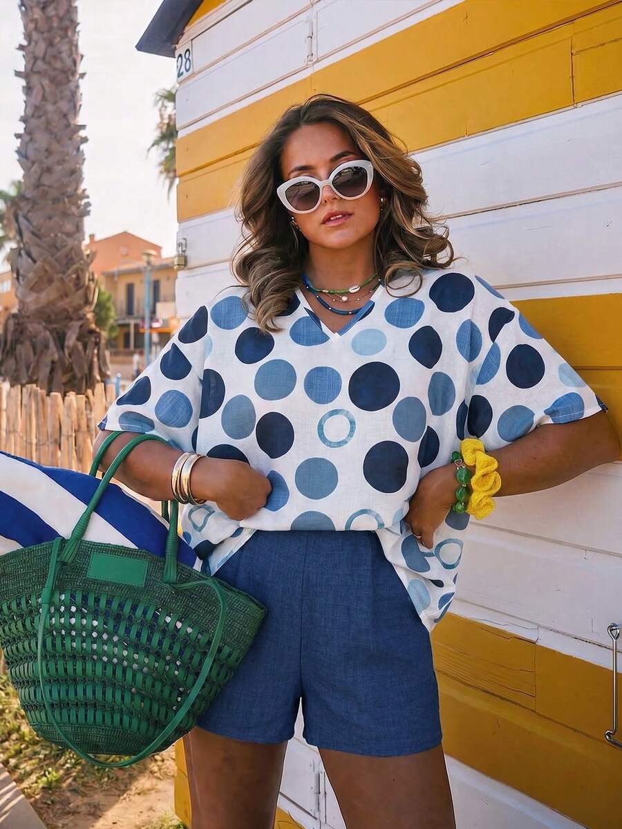 Breezaya 2026 女士夏季度假新款波点印花 V 领休闲短裤，宽松舒适 V 领七分袖上衣两件套 - 藍色 - 查看 1