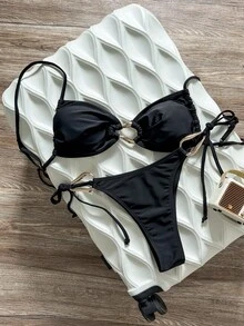 SHEIN Swim SXY 2pcs/Set Women Solid Color Metal Decor Vacation Casual Bikini Set For Summer - Black - View 4