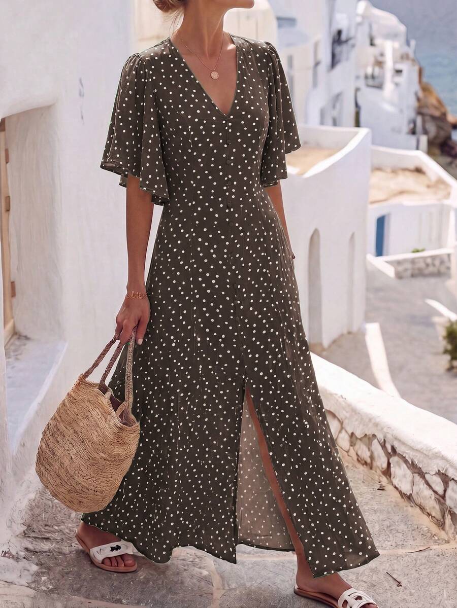 Wandoria Đầm maxi chấm bi nâu màu mơ nhạt, cổ chữ V, dáng chữ A, cài nút ở gấu váy, xẻ tà, eo chun, tay phồng điều chỉnh được, tay bèo nhún, tay ngắn, phong cách lãng mạn chấm bi, thanh lịch, cổ điển kiểu Pháp, thích hợp cho công sở, đi làm, thường ngày, đa năng, mùa xuân hè. - Cà phê nâu - Xem 1