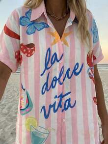 Vaclyn Women's Summer Vacation Casual Printed Shirt & Shorts 2 Pieces Set - Baby Pink - View 4