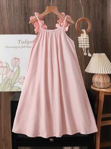 SHEIN Gaun Longgar Nyaman dengan Tali Bahu Motif Bunga 3D untuk Remaja Perempuan, Cocok untuk Pakaian Sehari-hari Kasual atau Pesta, Musim Semi/Panas/Gugur - Berwarna merah muda - View 5