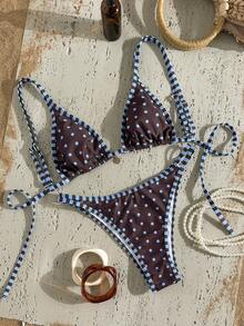 SHEIN Swim Mod 2026春夏时尚性感显瘦波点条纹比基尼泳衣，正面饰有吊坠，时尚沙滩两件式泳装 - 彩色 - 查看 3
