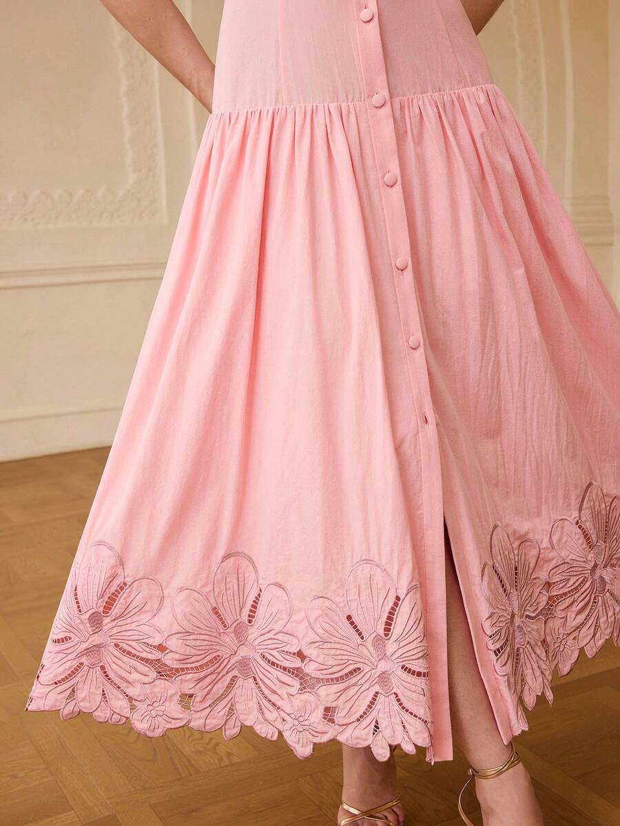 ZEYLAH Vestido largo con cintura ajustada y bordado, con cuello de blazer, para primavera/verano - Rosa - Ver 1