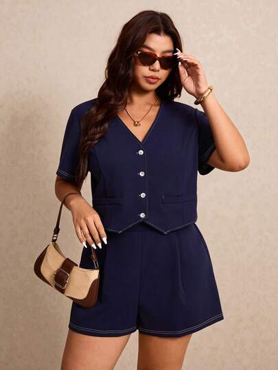 Elaquor Plus Size Women Single-Breasted Short Sleeve Shirt And Casual Shorts 2 Pieces Set