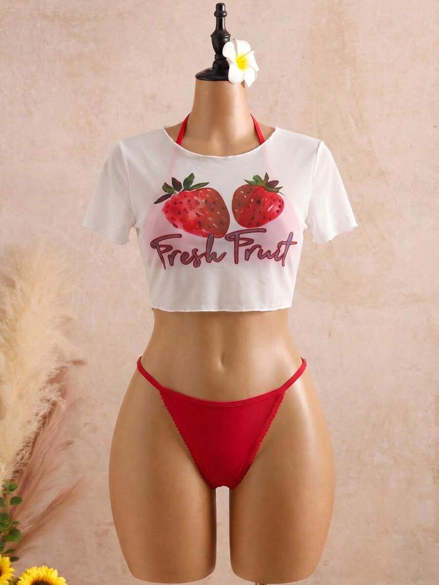 Swim Mod 女士夏季草莓甜心网纱泳装套装，白色薄纱草莓印花，搭配热情似火的红色蕾丝边比基尼，甜美女孩泳池派对沙滩度假泳装套装 - 彩色 - 查看 1