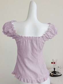 Elamini White Sexy Off Shoulder Petal Sleeve Frill Trim Fitted Blouse, Slimming Fit For Spring/Summer Vacation - Mauve Purple - View 2