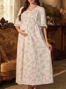PalaceNights Palace Style Blue Floral Print & Ruffle Front V-Neck Short Sleeve Maternity Nightgown - Multicolor - View 3