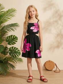 1pc Tween GirlsBlack Hibiscus Floral Print Sleeveless A-Line Mini Dress, Vacation & Beach Casual Outfit - White - View 5