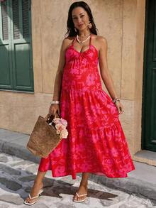 SHEIN 孕妇度假植物印花荷叶边吊带连衣裙 - 紅色 - 查看 3