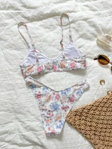 Swim Mod 女士随机印花细肩带高衩比基尼套装，春夏款 - 彩色 - 查看 3