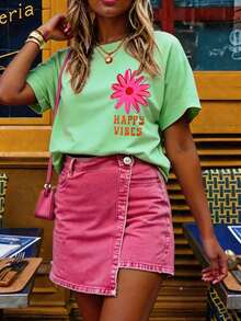 DrmWander Women's T-Shirt, Casual Street Style Graphic Short Sleeve T-Shirt, Cute Summer Top - Mint Green - View 2