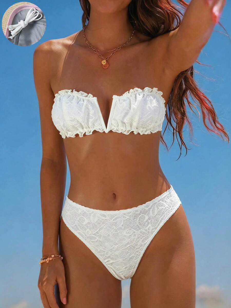 Swim Mod Conjunto de bikini de 2 piezas de tela especial blanca con triángulo halter, sexy y elegante para vacaciones, traje de baño para playa/piscina/fiesta - Blanco - Ver 1