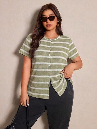 Elaquor Camiseta de rayas minimalista de verano para mujer de talla grande
