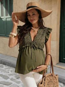 SHEIN Maternity Elegant Sage Green Summer French Style Lace Patchwork V-Neck Ruffle Hem Blouse,Chic Pregnant Women Holiday Outfits Solid Color Top - Army Green - View 4