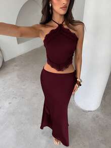 Conjunto de dos piezas de top halter con encaje de contraste y falda para mujer, moda casual de vacaciones - Burdeos - Ver 6