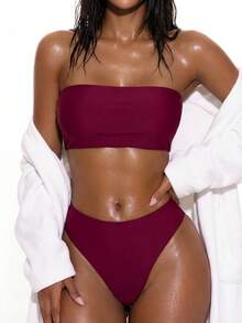 SHEIN Swim 2026春夏新款女士露背系带玫红色侧高衩两件式比基尼泳衣 - 中紫紅色 - 查看 3